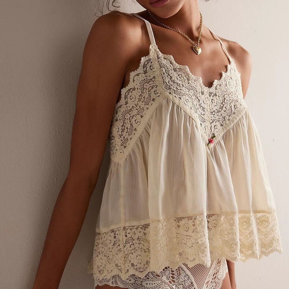 Intimately Free People Fiona Satin Cami Tank Top Floral Printed Lace M 291091